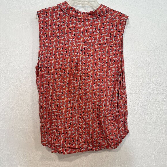 Beach Lunch Lounge Sleeveless Blouse Button Up Tied Waist Bird Pattern Womens XL - Picture 2 of 9